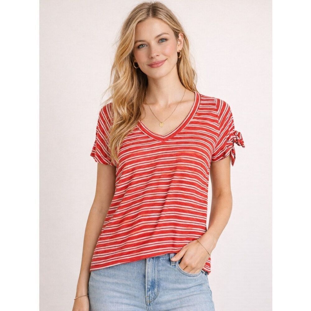 Anthropologie Left of Center Red and White Tie Front Short Sleeve T-Shirt
